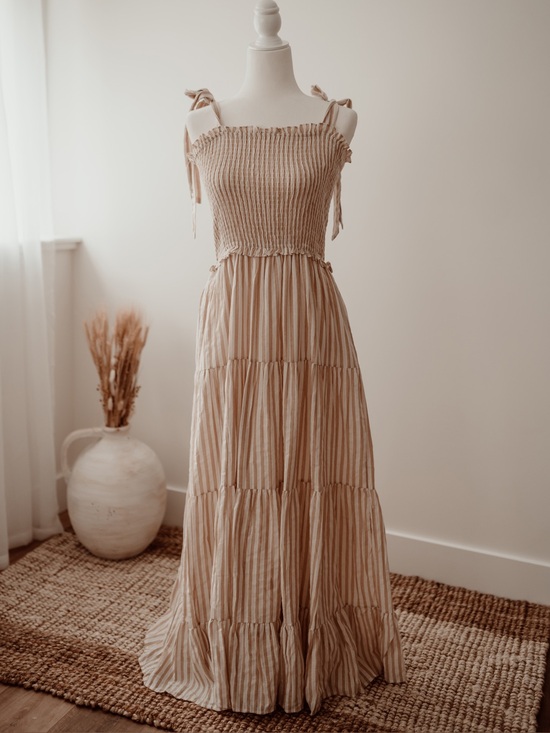 &merci Dresses & Skirts - Smocked Tie-Shoulder Maxi Dress in Beige Stripe